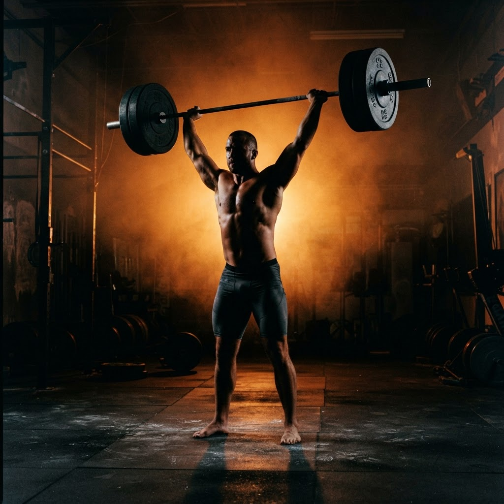 Athlete performing a clean and jerk in a dark gym