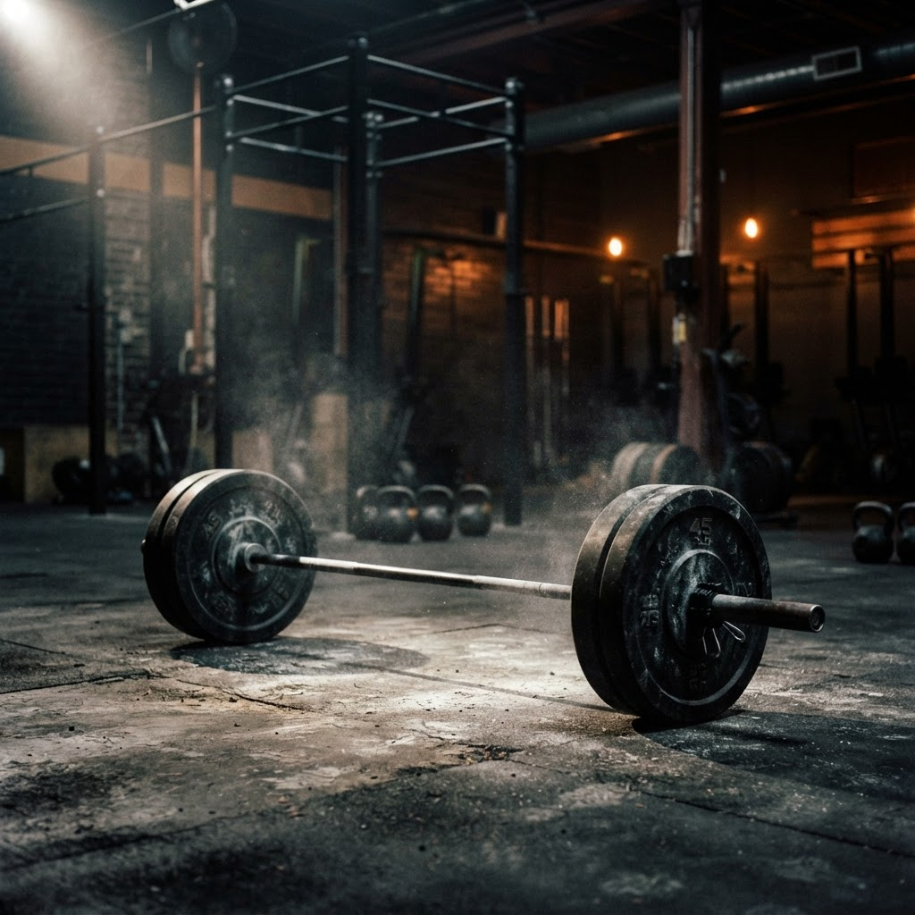 Loaded barbell in a dark industrial CrossFit gym